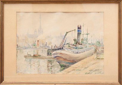 Louis LABRO-FONT (1881-1952) Bateaux à quai. Aquarelle. Signée en bas à droite. 25...