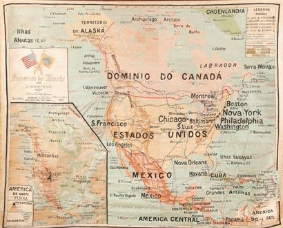 null Carte géographique d?Amérique du Nord. Soie brodée. Datée 1926. Brésil. 98 x...