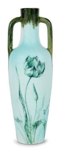 Delphin MASSIER (1836-1907) Vase de forme amphore à deux anses à décor floral peint...