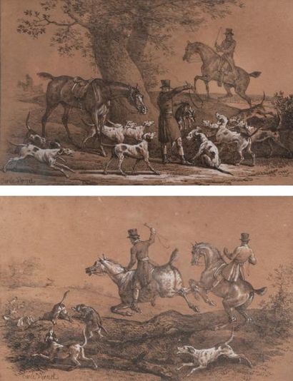 Carle VERNET (1758-1836) Chasse à courre. Paire de dessins et gouaches. Signés. 17...