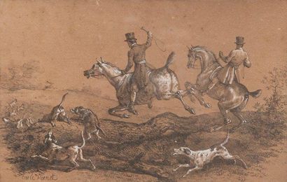 Carle VERNET (1758-1836) Chasse à courre. Paire de dessins et gouaches. Signés. 17...