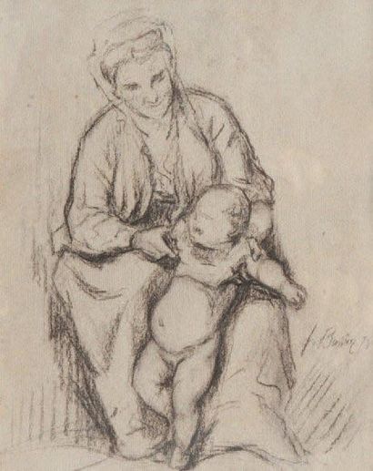 François BONVIN (1817-1887) Mère et enfant. Dessin à la mine de plomb. Signée et...