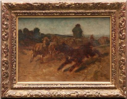 Constant TROYON (1810-1865) Chien de berger et troupeau de moutons. Huile sur toile....