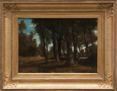 Serafino De Tivoli (1826-1892) Couple dans le sous-bois. Huile sur toile. Monogrammée...