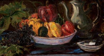 José MANGE (1866-1935) Nature morte aux pommes. Huile sur panneau. 37 x 66 cm