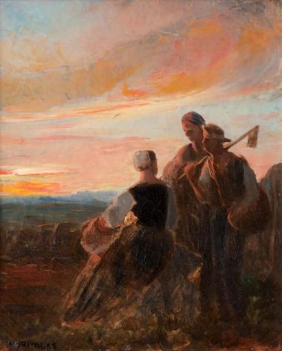 Pierre GRIVOLAS (1823-1906) Paysans au coucher du soleil. Huile sur toile. Signée...