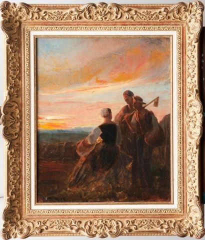 Pierre GRIVOLAS (1823-1906) Paysans au coucher du soleil. Huile sur toile. Signée...