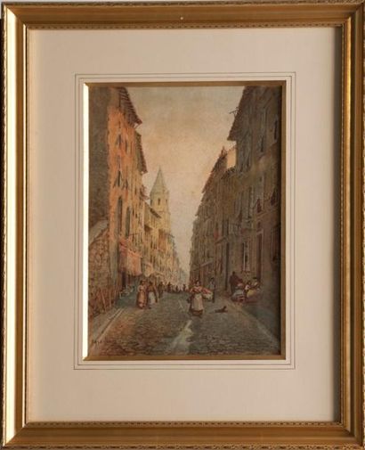 Émile HENRY (1842-1920) Rue animée à Marseille. Les Accoules. Aquarelle. Signée et...