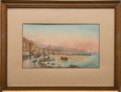 Émile HENRY (1842-1920) Vue d'un port. Aquarelle. Signée en bas à droite. 25 x 44...
