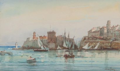 Émile HENRY (1842-1920) Le port de Marseille. Aquarelle. Signée en bas à droite....