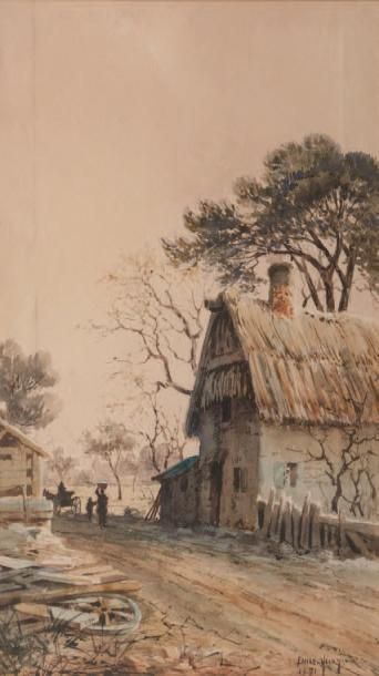 Émile HENRY (1842-1920) Dans la ferme. Aquarelle. Signée et datée 1891 en bas à droite....