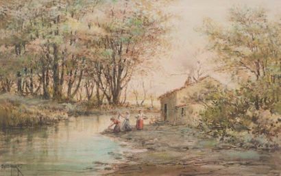 Émile HENRY (1842-1920) Les lavandières. Aquarelle. Signée en bas à gauche. 27 x...