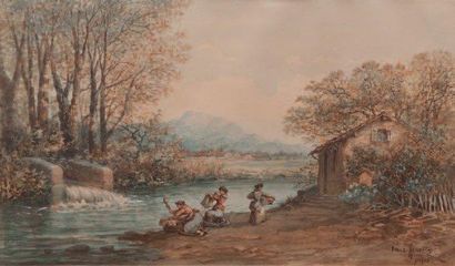 Émile HENRY (1842-1920) Les lavandières. Aquarelle. Signée et datée 1906 en bas à...