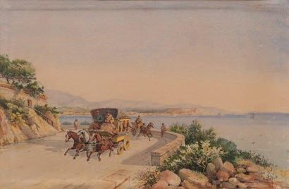 Émile HENRY (1842-1920) Calèches sur la corniche. Aquarelle. Signée et datée 1905...