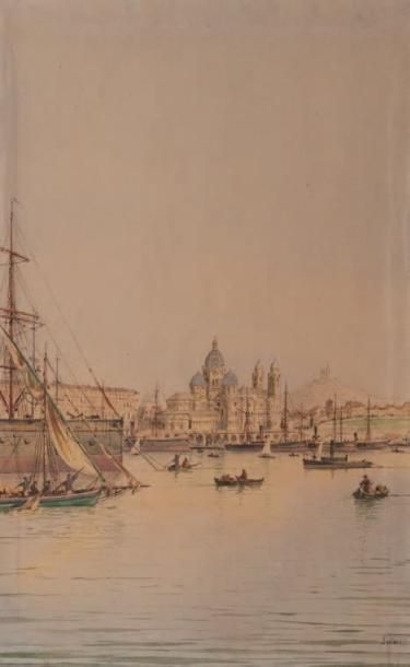 Émile HENRY (1842-1920) La Major à Marseille. Aquarelle. Signée en bas à droite....