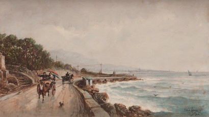 Émile HENRY (1842-1920) Calèche sur la corniche. Aquarelle. Signée en bas à droite....