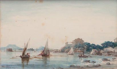 Émile HENRY (1842-1920) Corniche près de la fausse monnaie. Aquarelle. Signée et...