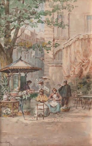 Émile HENRY (1842-1920) Le kiosque. Aquarelle. Signée en bas à gauche. 27 x 18 c...