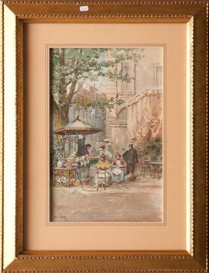 Émile HENRY (1842-1920) Le kiosque. Aquarelle. Signée en bas à gauche. 27 x 18 c...