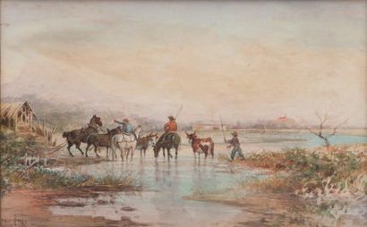 Émile HENRY (1842-1920) Les gardians. Aquarelle. Signée en bas à gauche. 27 x 40...