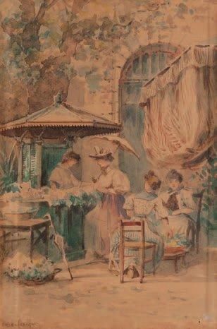 Émile HENRY (1842-1920) Le kiosque. Aquarelle. Signée et datée 1891 en bas à droite....