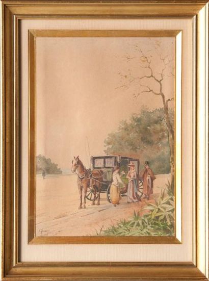 Émile HENRY (1842-1920) La calèche. Aquarelle. Signée en bas à gauche. 24 x 17 c...