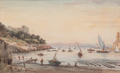 Émile HENRY (1842-1920) L'entrée du vieux port de Marseille. Aquarelle. Signée en...