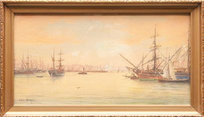 Émile HENRY (1842-1920) Bateaux dans le port. Aquarelle. Signée en bas à gauche....