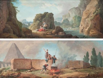 Hubert ROBERT (Paris 1733 - 1808) Paysage de rivière animé. Obélisque avec des personnages...