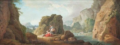 Hubert ROBERT (Paris 1733 - 1808) Paysage de rivière animé. Obélisque avec des personnages...