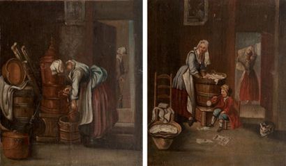 CHARDIN d'après Scènes dosmestiques. Paire d'huiles sur toile (restaurations). 54...