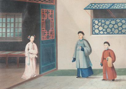 Ecole chinoise, XIXème siècle Un dignitaire accompagné d'un jeune serviteur, rendant...