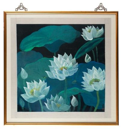 LIN FENGMIAN (1900-1991) Lotus. Représentant des feuilles et fleurs de lotus épanouies...