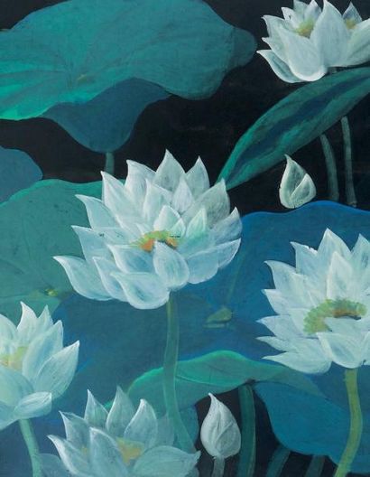 LIN FENGMIAN (1900-1991) Lotus. Représentant des feuilles et fleurs de lotus épanouies...