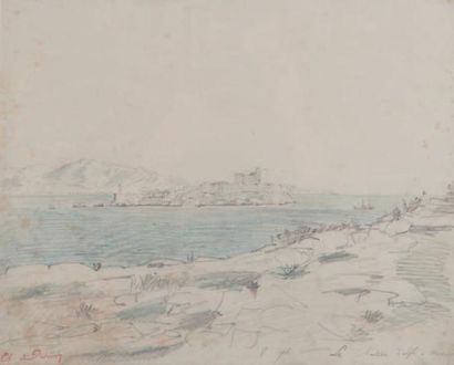 Charles DESAVARY (1837-1885) Le château d'If à Marseille. Dessin à la mine de plomb....