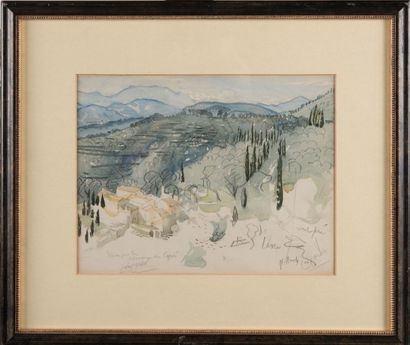 Léo LELÉE (1872-1947) La rangée de cyprès. Aquarelle. Signée en bas à droite et à...