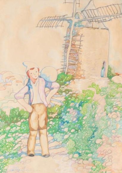 David DELLEPIANE (1866-1932) Personnage au moulin. Aquarelle. Signée en bas à gauche....