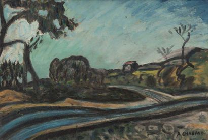 Auguste CHABAUD (1882-1955) Paysage à la rivière. Huile sur carton. Signée en bas...