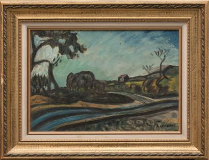 Auguste CHABAUD (1882-1955) Paysage à la rivière. Huile sur carton. Signée en bas...