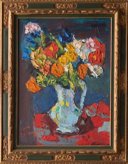 Pierre AMBROGIANI Bouquet. Huile sur toile. Signée en bas à gauche. 81 x 60 cm