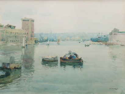 Louis Agricol MONTAGNE (1879-1960) L'entrée du Vieux-Port de Marseille. Aquarelle....