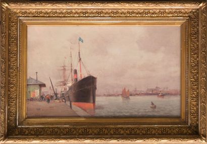 Alfred GODCHAUX (1835-1895) Bateau à quai. Huile sur toile. Signée en bas à droite....