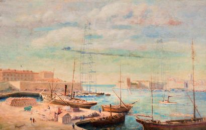 H. KOLASINSKI, actif à Marseille vers 1930 Le port de Marseille avec le pont Transbordeur....