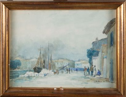 Léon Jean GIORDANO DI PALMA (1886-?) Scène animée sur le port. Aquarelle. Signée...