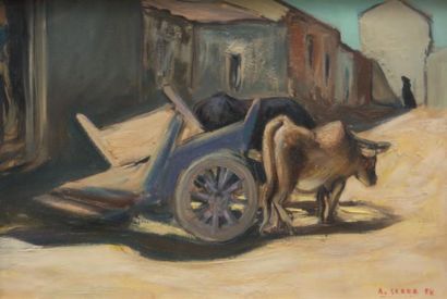 Antoine SERRA (1908-1995) La charrette. 1858. Huile sur toile. Signée en bas à droite....