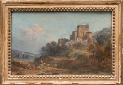 Giuseppe ZAIS (1709-1784), attribué à Paysage près d'un château. Huile sur papier...