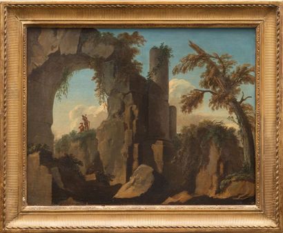 Philippe Jacques de LOUTHERBOURG (1740-1812) Paysage de rochers avec soldats. Huile...