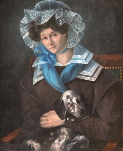 Alfred JOHANNOT (1800-1837) Jeune femme élégante tenant son chien sur ses genoux....