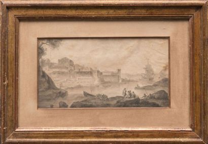 Auguste KUNKLER Père. Ecole suisse du XVIIIème siecle Vue d'un port en Italie. Dessin...