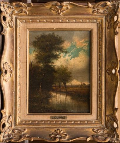 Jules DUPRE (1811-1889) Paysage. Paire d'huiles sur panneaux. Signées en bas à gauche....